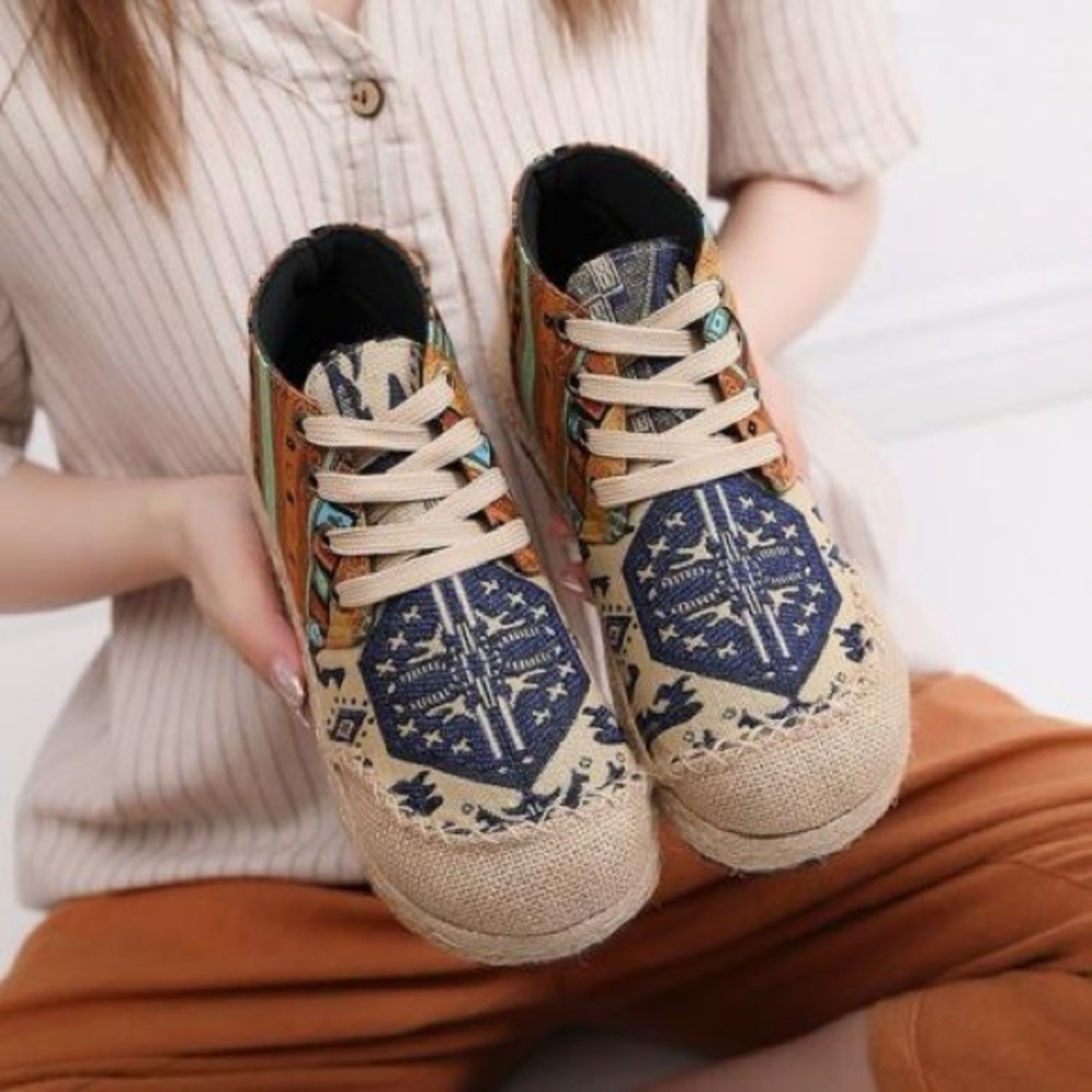 Boho patchwork cotton Burlap shoes women’s EU 39 art natural round toe - Picture 5 of 6